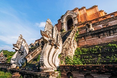 ancient pagoda at wat chedi luang temple in chiang mai, thailand. 