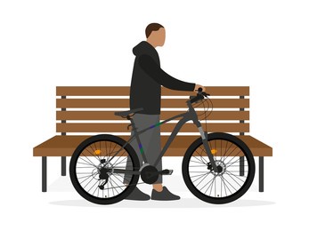 male character with bike standing next to a wooden bench on white background