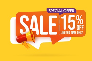 sale with 15 percent off discount sticker. special offer limited time only promotion. retail discount announcement. bright design element template vector illustration with speech bubble and megaphone