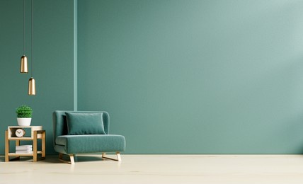 living room with green armchair on empty dark green wall background.3d rendering