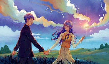 outdoor, young lover who travels hand in hand.happy valentine's day painting