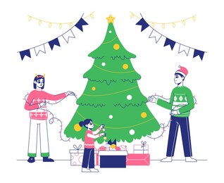 christmas tree decorating, winter holidays family decorate fur tree. people celebrating christmas, family preparing for xmas and new year holidays flat illustration. holiday house decorate