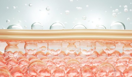 collagen and vitamin under skin layers. concept cosmetics solution. serum through the skin layer and reduce up saggy skin of the skin cell. 3d rendering.  