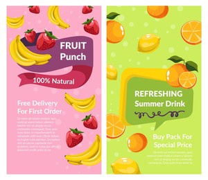 refreshing summer drink, fruit punch free delivery for first order. lemonade and tasty organic sweet beverages for cooking. oranges and lemons, banana and strawberries flavor. vector in flat style