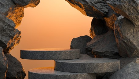 black geometric stone and rock shape background, minimalist mockup for podium display or showcase, 3d rendering.