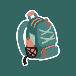 hiking backpack with water bottle and drawstrings, pockets. camping, tourism, travel, lifestyle, outdoor recreation. illustration or sticker in vector doodle cartoon style.