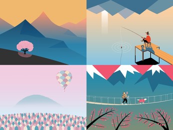 tourist in mountains. fisherman on pier. landscape and hot air balloon