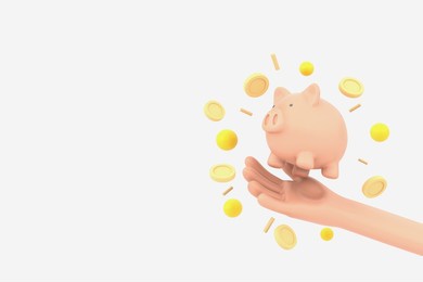 piggy bank on hand with yellow coin on white background. 3d illustration
