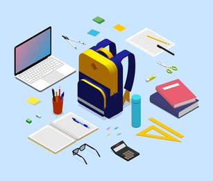isometric set of backpack, school supplies, stationery. back to school idea. backpack, laptop, books, paper, pencil, pen, marker, scissor, compass, eyeglasses, glue, ruler, sharpener, eraser, etc.