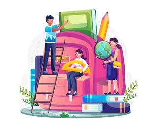 students prepare school supplies and put books, pencils, and stationery into a giant backpack. back to school concept design. vector illustration in flat style