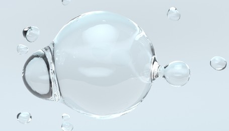 cosmetic essence, closeup liquid bubbles, molecules of liquid bubbles on the background. real transparent water drips. pure cosmetics product. moisturizer skin care. 3d rendering