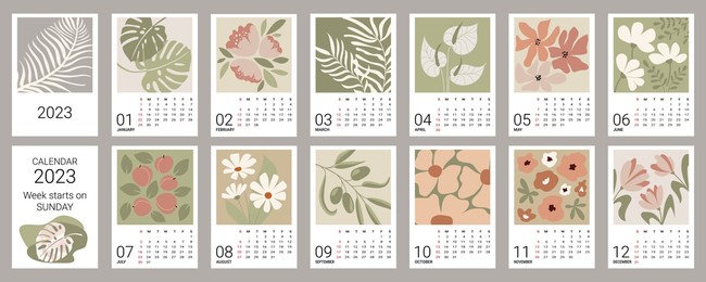 calendar template for 2023. vertical design with abstract flowers and plants. editable vector illustration of natural muted color, set of 12 months with a cover. the week starts on sunday.