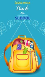 back to school, banner design template with yellow school bag and blue background