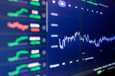 stock market upwards chart on the screen. selective focus.low angle.