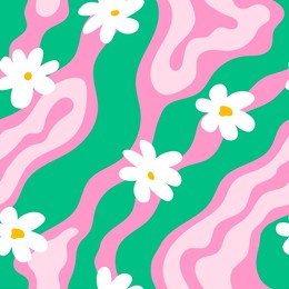 cute hippie and groovy seamless pattern with daisy flowers and wavy shapes. fashionable background in 00s, 90s, y2k style.