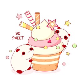 cute animals in kawaii style. two funny fat pandas with cupcake. inscription so sweet. can be used for t-shirt print, stickers, greeting card design. vector illustration eps8