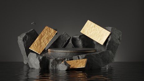 3d render, abstract background with empty podium, golden geometric shapes, black rocks cobble stone ruins standing in the water with reflections. futuristic showcase scene for product presentation