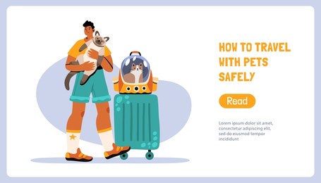 travelling guy with a cat, luggage and pet carrier. travelling with pets landing page or banner concept. design for your website. place for text. tourism day. hand drawn flat vector 