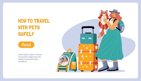 travelling girl with a cat; luggage and pet carrier. travelling with pets landing page or banner concept. design for your website. place for text. tourism day. hand drawn flat vector 
