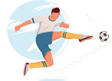 football player kicks the ball and goalkeeper catches it, flat vector illustration isolated on white background. soccer traditional sport game. men playing on the field.