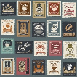 seamless pattern on the theme of coffee and coffee house with postage stamps on a grey backdrop. repeating vector background in retro style. suitable for wallpaper, wrapping paper, fabric, package
