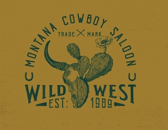 western cowboy vintage typography design with bull skull and cactus illustration