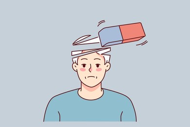 unhappy old grey-haired man suffer from memory loss. unwell elderly grandfather struggle with dementia or alzheimer disease. healthcare and geriatrics. vector illustration. 