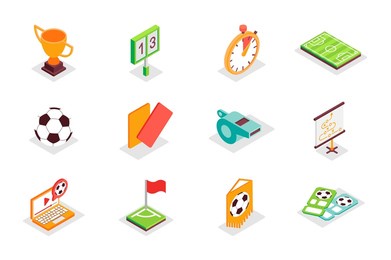 football concept 3d isometric icons set. bundle elements of victory cup, score, time, ball, red or orange cards, whistle, field, championship and other. vector illustration in modern isometry design