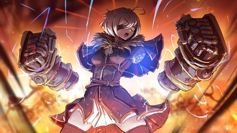 a beautiful anime girl with mechanical steampunk hands hovering in the sky is furiously screaming in preparation for a fight, wearing a black raincoat dress, eyepiece and white hair. 2d action art