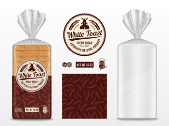 vector bread packaging design template, branding and identity design elements. transparent plastic bag packaging mockup