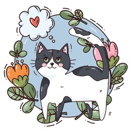 bright illustration with cat and flowers. cartoon fantasy creature. cute line art design for nursery poster, t shirt print, kids apparel, greeting card, label. vector illustration.