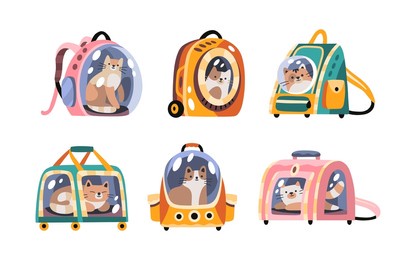 set of cute cats in pet carriages. travel with animals. collection of flat hand drawn cartoon vector illustrations for stickers, web, cards, ads, social media. expressive pet characters. cat day. 