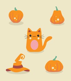 vector orange set of element with funny cute cat pumpkin and hat on the light yellow background