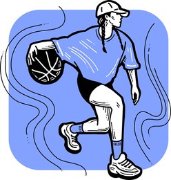 basketball player playing with ball. healthy funny sport activity. trendy jumping fitness exercises for young people. fashion sportswear. hand drawn vector illustration. cartoon line character drawing