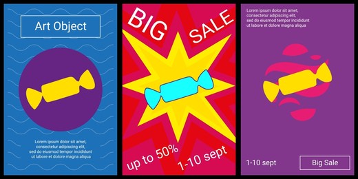 trendy retro posters for organizing sales and other events. large candy symbol in the center of each poster. vector illustration on black background