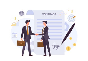 business agreement, contract colorful flat illustration. businessman cartoon characters shaking hands, making deal, signing document. partnership, teamwork, cooperation and collaboration