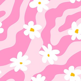 cute hippie and groovy seamless pattern with daisy flowers and wavy shapes. fashionable background in 00s, 90s, y2k style.