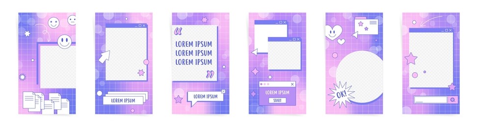 y2k sale stories banners template set. groovy design for stories and promo posts. design with gradient background, text frames and boxes, geometric elements. purple 90s vaporwave galaxy colors.