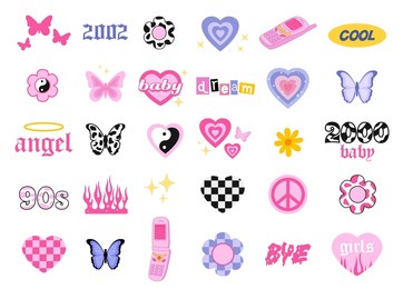 y2k style icons. glamorous  trendy doodles set. 90s and 2000s style. vector