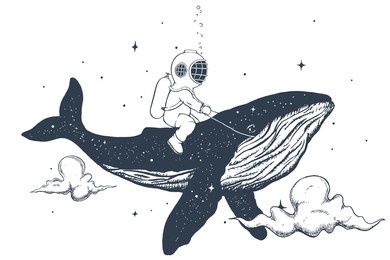 diver and whale are flies in the sky
