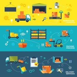 warehouse flat banners set of logistics packing process delivery services isolated vector illustration
