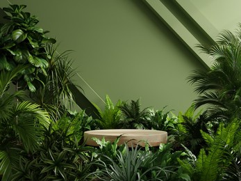 wood pedestal in tropical forest for product presentation and green wall.3d rendering