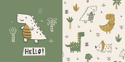 Сhildish pattern with cute dinosaur, baby shower greeting card. animal seamless background, cute vector texture for kids bedding, fabric, wallpaper, wrapping paper, textile, t-shirt print