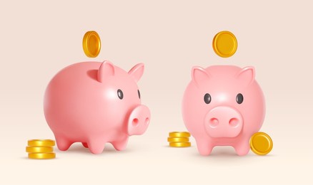 set of piggy bank and gold coins. design concept of safe accumulation of capital or financial investment. vector realistic. gold coin fly around the piggy bank. stability, security of money storage.