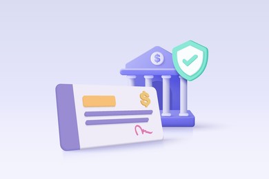 3d bank cheque with fund transfer, business invoice bill, banking payment receipt. composition with financial annual accounts, calculating and paying invoice. 3d bank icon vector render illustration