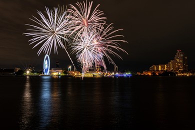 fireworks on the river in the dark sky
