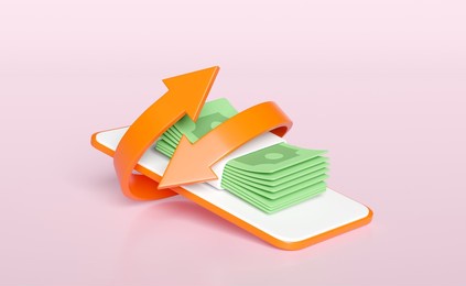 3d mobile phone, orange smartphone with money banknote, stack isolated on pink background. transfer arrows, cashback, saving money wealth business, cashback money refund concept,3d render illustration
