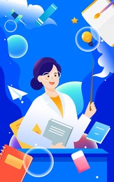 teacher's day, teacher is giving lessons to students with blackboard and classroom in the background, vector illustration