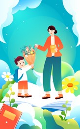 teacher's day, teacher is giving lessons to students with blackboard and classroom in the background, vector illustration