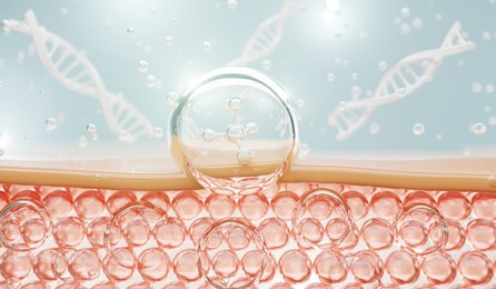 molecule inside transparent liquid bubble on soft background, concept skin care cosmetics solution. 3d rendering.